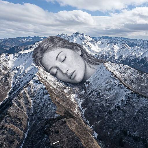 Photographic composite: serene woman with closed eyes, lying on snowy mountain peak, blending with rugged peaks and blue sky background.