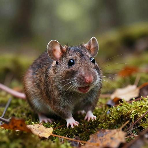 Close-up photograph of a brown, striped, mouse with dark eyes and pink nose, standing on green moss with scattered autumn leaves in a forest.