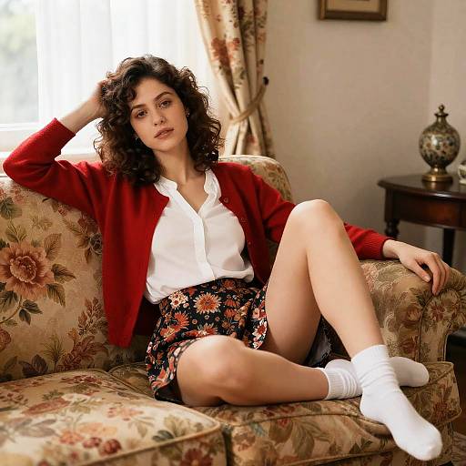 Relaxed Woman on Floral Sofa