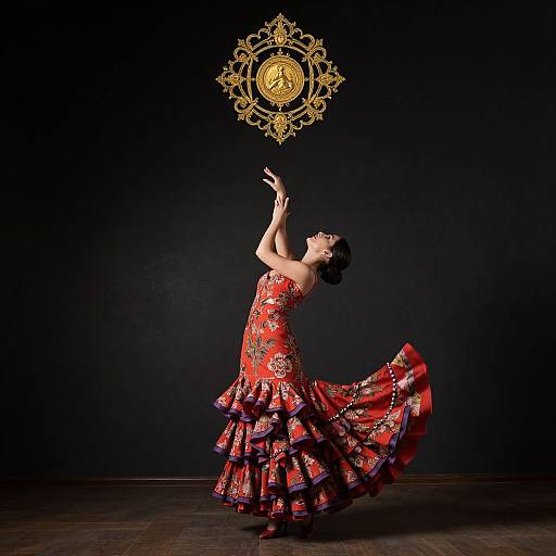 Photograph of a flamenco dancer in a vibrant red, floral-patterned dress, gracefully lifting a golden, ornate fan against a black background.