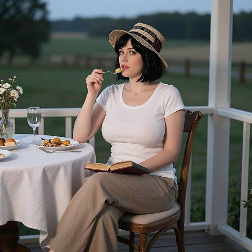 Photograph of a fair-skinned woman with black bob haircut, white tee, beige pants, and striped hat, eating pastry, reading book, on