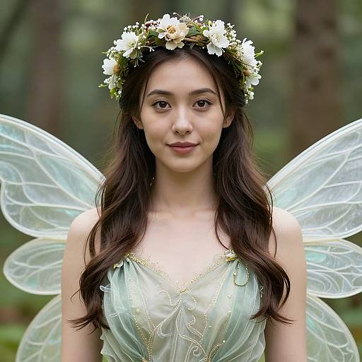 Photograph of a young woman with fair skin, long dark brown hair, wearing a white floral crown, fairy wings, and a light green, intric