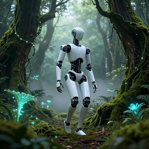 Photorealistic CGI of a white, humanoid robot with glowing blue eyes standing in a misty, enchanted forest with bioluminescent plants.