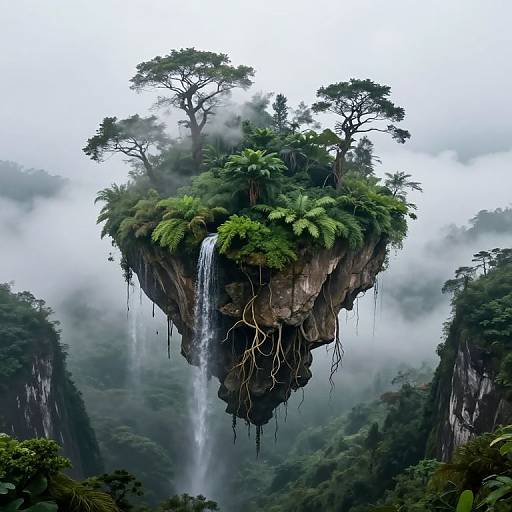 Photograph of a floating, lush island rock with a waterfall, surrounded by misty, cloud-covered cliffs and dense greenery.