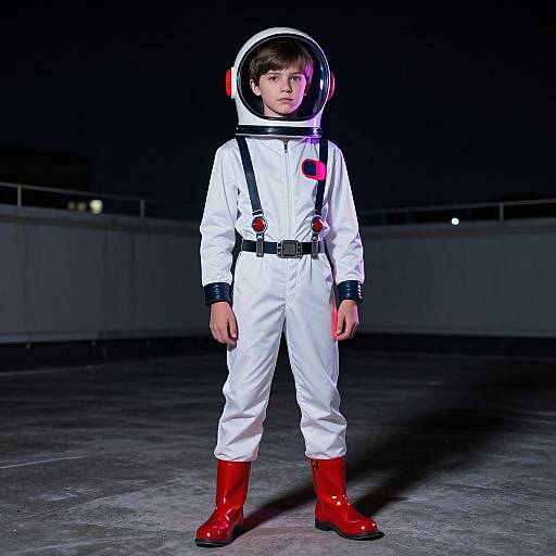 Photograph of a young boy in a white astronaut suit with red boots and helmet, standing on a dark rooftop at night. Bright lighting highlights his serious