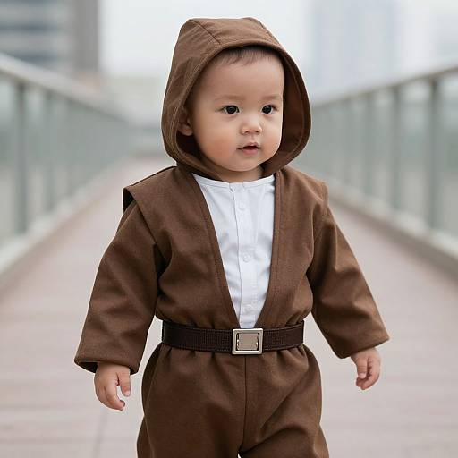Photograph of a cute Asian baby with light skin, wearing a brown hooded romper and white shirt, standing on a modern pedestrian bridge with blurred