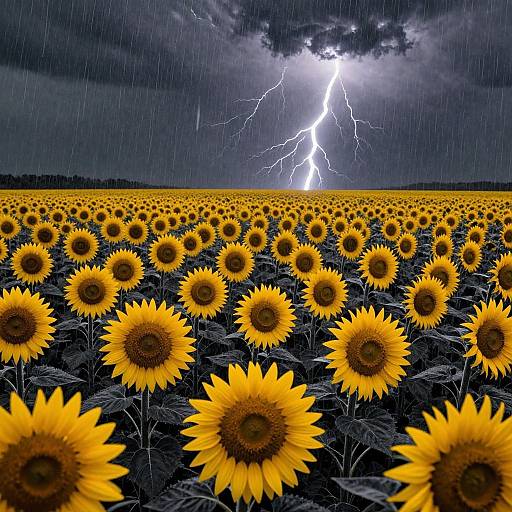 Photograph of a sunflower field under a dramatic, lightning-filled storm sky with vibrant yellow sunflowers contrasting dark green leaves.