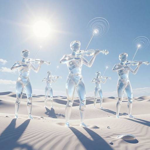 Digital CGI of five glowing, translucent, nude musicians playing violins on a sunlit, blue-tinted desert with shadows and a hat on the