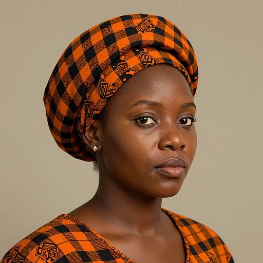 Photograph of a dark-skinned woman with a serious expression, wearing an orange and black checkered headwrap and dress, against a plain beige background