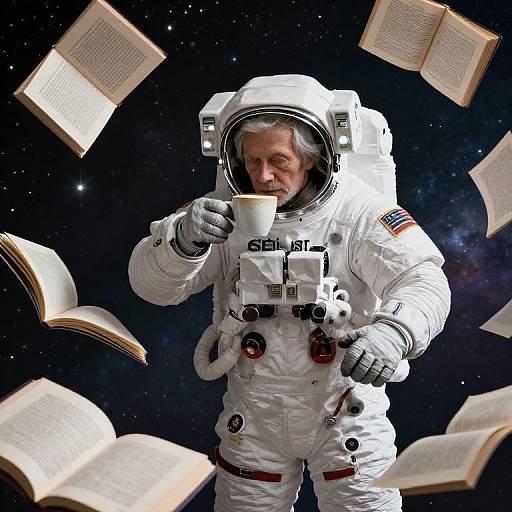 Elderly Astronaut Exploring Galactic Books