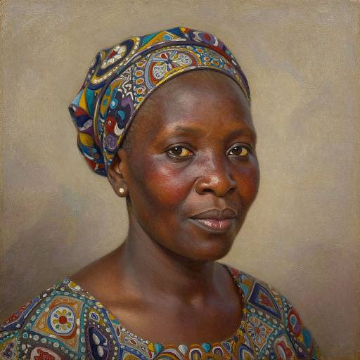 Photorealistic painting of a dark-skinned African woman with a colorful, patterned headscarf and matching dress, against a beige background. She