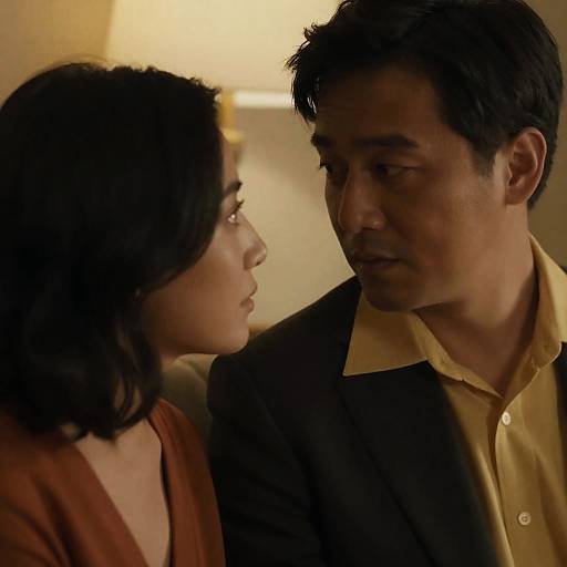 Photograph of an intense moment between an Asian man in a dark suit and yellow shirt, and an Asian woman with black hair in a brown top,