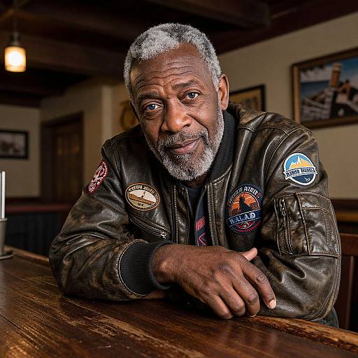 Photograph of a smiling, middle-aged Black man with gray hair and beard, wearing a brown leather jacket with various patches, leaning on a wooden bar