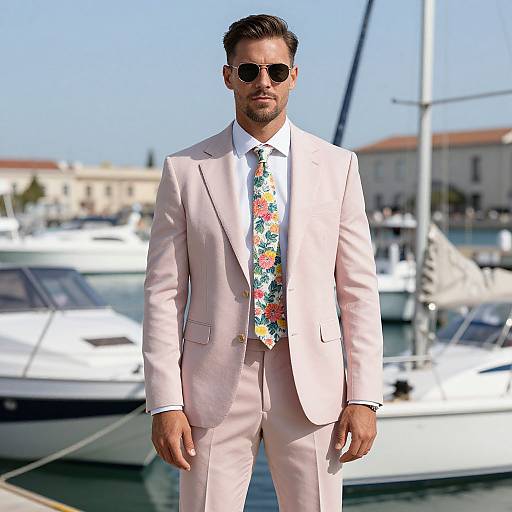 Stylish Man at Marina in Pink Suit