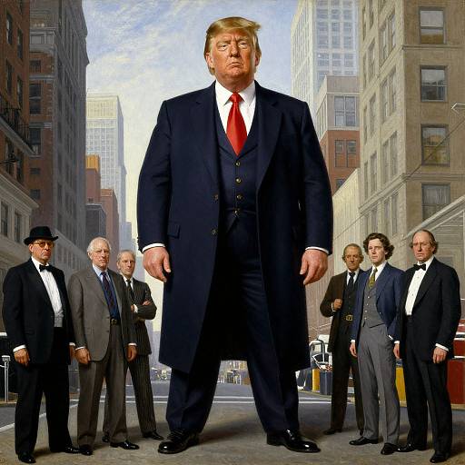 Photograph-like digital image: oversized Donald Trump in black suit and red tie, surrounded by six smaller men in suits, standing in a city street with