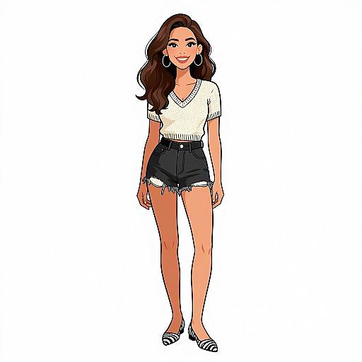 Digital illustration of a smiling woman with long brown hair, wearing a white V-neck shirt, black high-waisted shorts, and white slip-on shoes