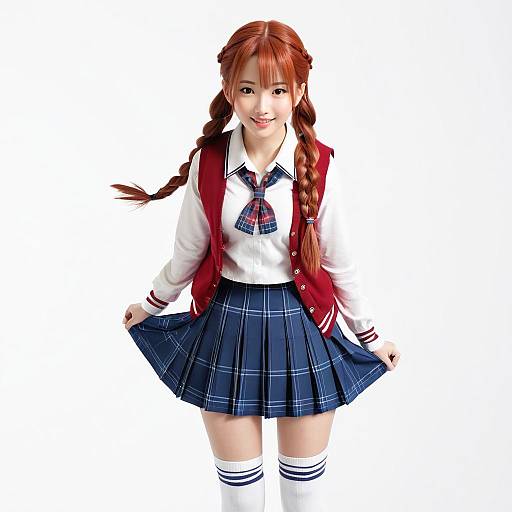 Digital anime-style artwork of a cute red-haired girl in a white shirt, red vest, plaid skirt, and striped thigh-high socks. She smiles
