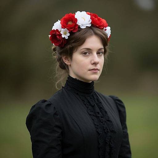 Photograph of a pale-skinned woman with dark brown hair, wearing a black Victorian-style dress and a red and white flower crown, standing outdoors with