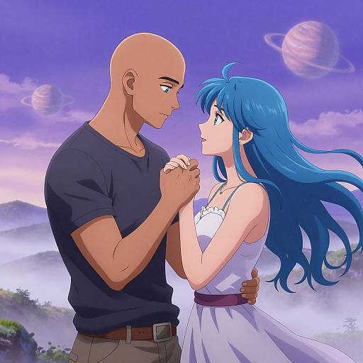 Anime-style drawing of a bald, muscular man in a black shirt holding hands with a blue-haired woman in a white dress, against a purple sky with