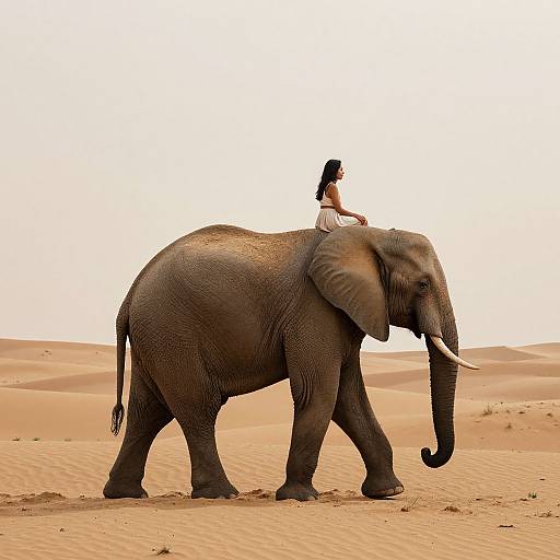 Photograph of a woman with long black hair in a white dress riding a large, gray elephant across a vast, sandy desert.