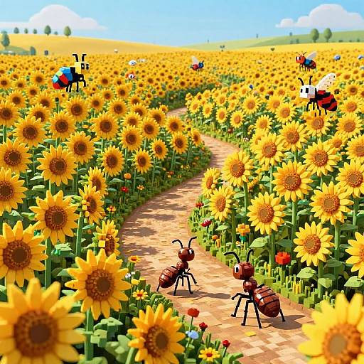Colorful digital illustration of a sunflower field with a winding path, bright yellow sunflowers, and playful, colorful beetles. Blue sky with clouds