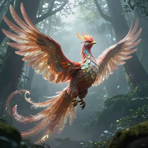 Digital fantasy artwork of a majestic, red-feathered phoenix with outstretched wings soaring through a misty, enchanted forest. Sunlight filters through