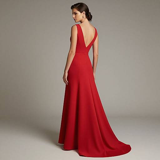 Photograph of a woman with dark hair in an elegant, floor-length, backless red gown, standing against a plain gray background.