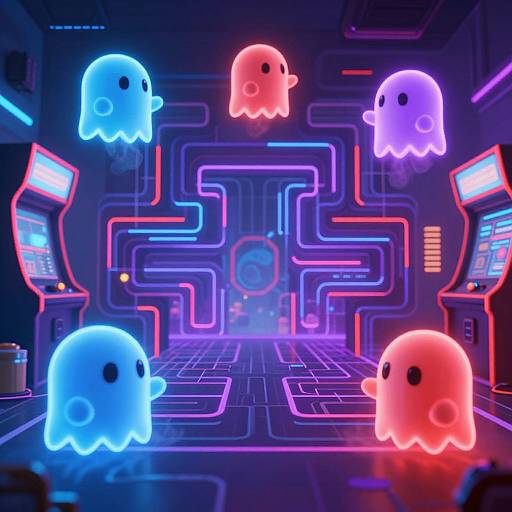 Neon-lit arcade room with glowing blue, red, and purple ghost-like creatures floating around retro arcade machines and neon-lit maze patterns. Digital