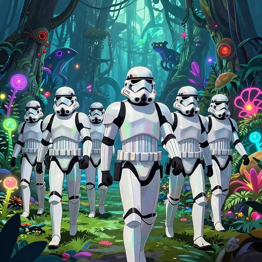 Digital art of five white and black Stormtroopers walking through a vibrant, bioluminescent jungle with colorful plants and alien creatures.
