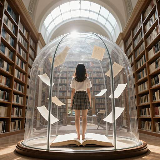 Photograph of a library: a girl with black hair in a white shirt and plaid skirt stands inside a clear dome with floating papers, facing an