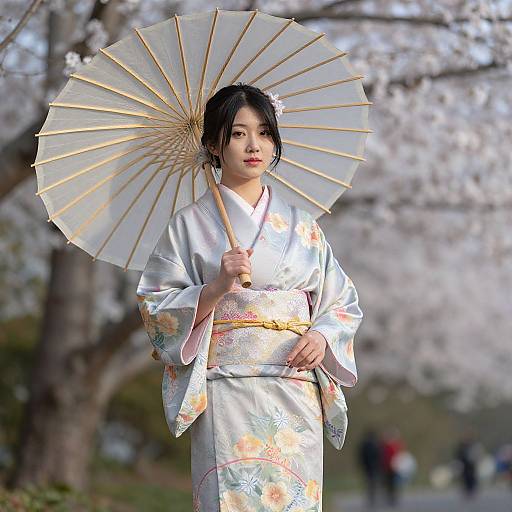 Asian woman in white floral kimono holding traditional paper parasol, standing in cherry blossom-filled park, daytime, soft sunlight, blurred background.