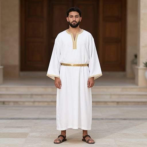Photograph of a bearded man with dark hair, wearing a white traditional robe with gold trim, brown sandals, standing in front of a wooden door