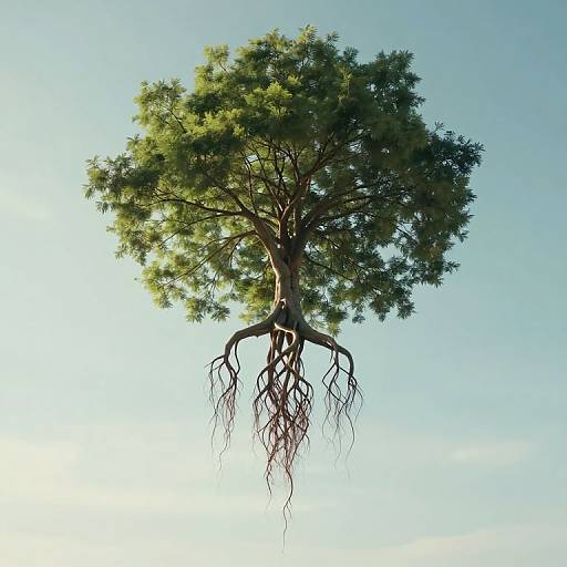Photograph of a floating tree with lush green foliage and exposed, intricate root system against a clear, bright blue sky.