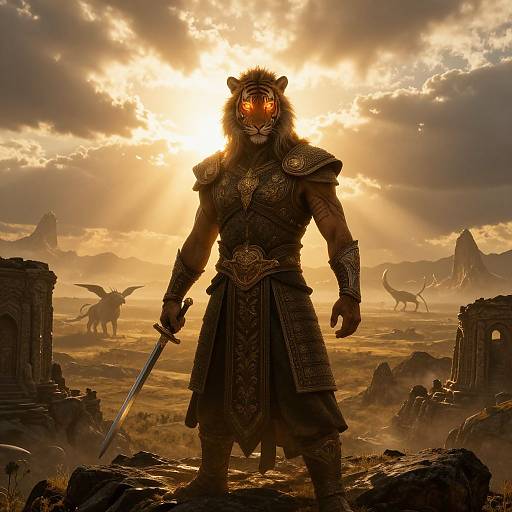 Photograph-style digital art of a muscular, armored anthropomorphic tiger warrior with glowing orange eyes, standing with a sword in a sunlit, ruined fantasy
