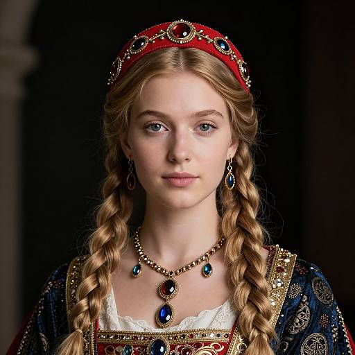 Photograph of a fair-skinned, blue-eyed young woman with braided blonde hair, wearing a red and gold headpiece, blue and gold medieval