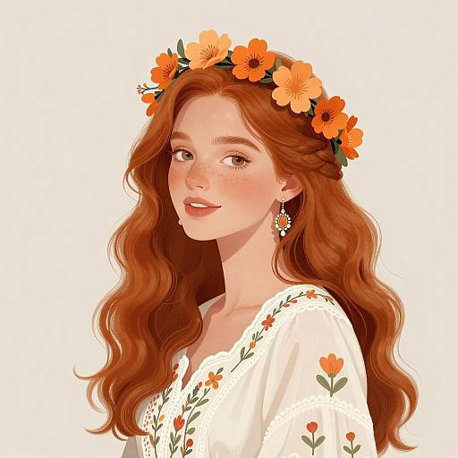 Digital Portrait of Red-Haired Woman with Floral Crown