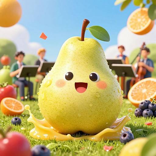 Digital cartoon of a happy, blushing pear with a leaf and yellow juice splashing, surrounded by fruit on a sunny field, with musicians in the