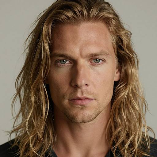 Photograph of a handsome, fair-skinned man with long, wavy blonde hair, blue eyes, and light stubble, wearing a black shirt