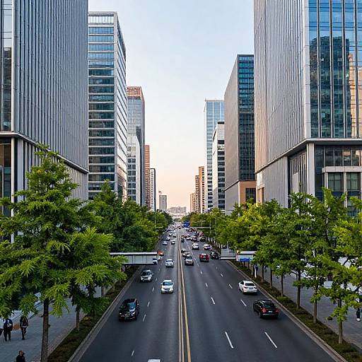 Photograph of a busy urban street flanked by tall, modern glass and steel skyscrapers, with trees lining both sides. Cars and pedestrians are