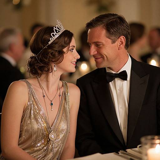 Photograph of a smiling couple in elegant evening attire; woman in sparkling gold dress, silver tiara, long necklace; man in black tuxedo
