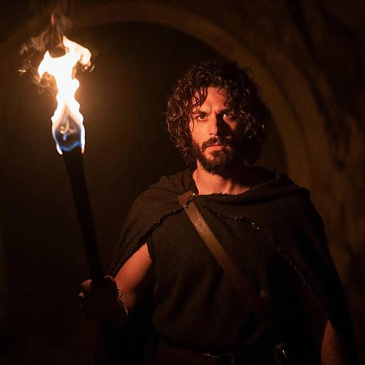 Torchlit Cave Wanderer with Determined Gaze