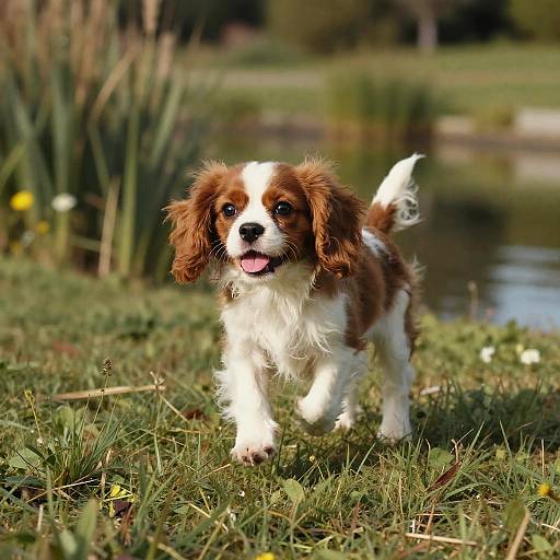 Playful Blenheim Cavalier Puppy in Grass