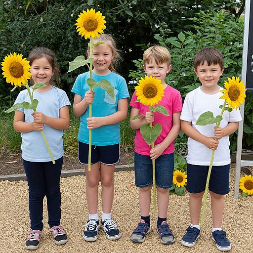Photograph of four children, two girls and two boys, standing outdoors, holding sunflowers, smiling, wearing casual summer clothes, against a green leaf