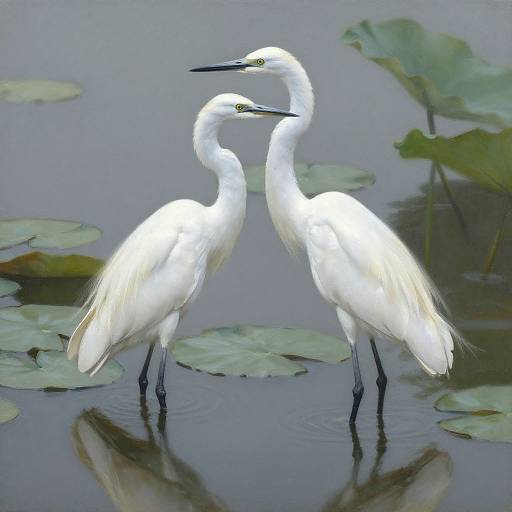 Photograph of two elegant white egrets with yellow eyes standing in calm water, mirrored reflections, surrounded by green lily pads.