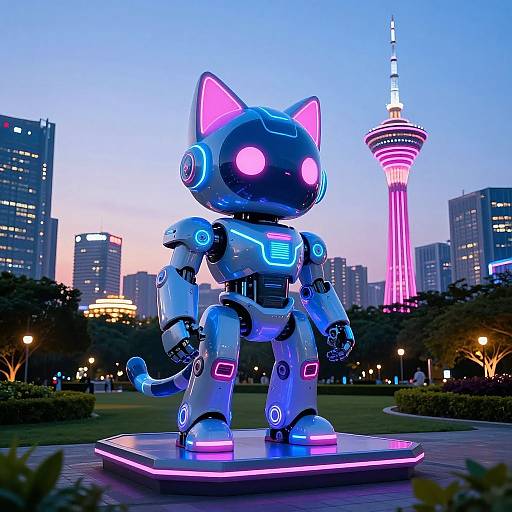 Neon-lit, robotic cat statue with glowing pink ears and eyes, stands in a park at dusk, with Taipei 101 tower in the background