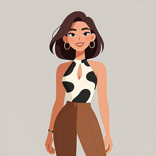 Digital illustration of a smiling woman with short black hair, wearing a black-and-white halter top and brown high-waisted pants, large gold hoop