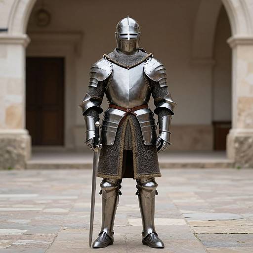 Photograph of a medieval knight in full silver armor, standing with sword in hand, in a sunlit stone courtyard with arched columns.