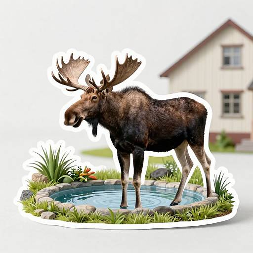 Photorealistic image of a large moose with dark brown fur and large antlers, standing in a small, circular, rock-bordered pond surrounded by
