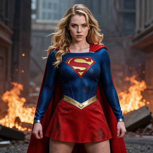 Photograph-style CGI of a blonde woman in a Superman costume with blue top, red skirt, and cape, standing in a fiery, ruined urban setting