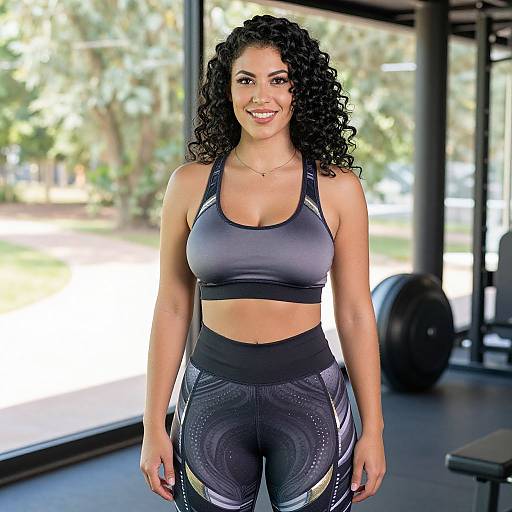 Photograph of a smiling, curly-haired woman in a gray sports bra and black patterned leggings, standing in a bright gym with large windows and exercise